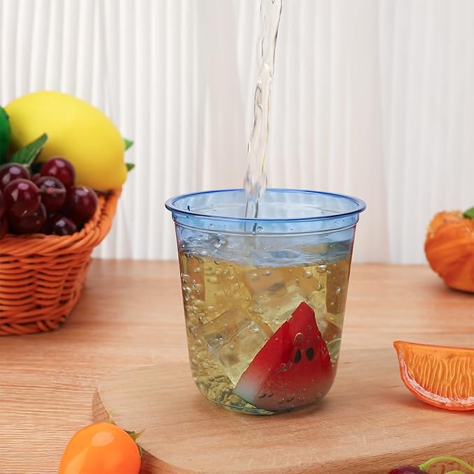 50pcs 12oz Disposable Stemless Glasses,PET Disposable Drinking Cups,Cold Party Clear Plastic Wine Glasses for Parties Birthday,Wedding,Meeting,Christmas Party Supplies. (Blue)