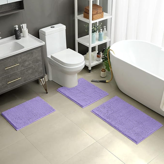 HOMEIDEAS 3 Pieces Bathroom Rugs, Ultra Soft Non Slip Absorbent Chenille Toilet Bath Mat Set (Lavender)