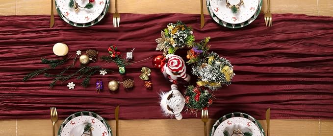 Burgundy Red Cheesecloth Table Runner 10 Pack Christmas Red Table Runners Boho Gauze 120 Inches Cheese Cloth Table Decor for Xmas Holiday Season Parties Weddings Candlelight Dinner