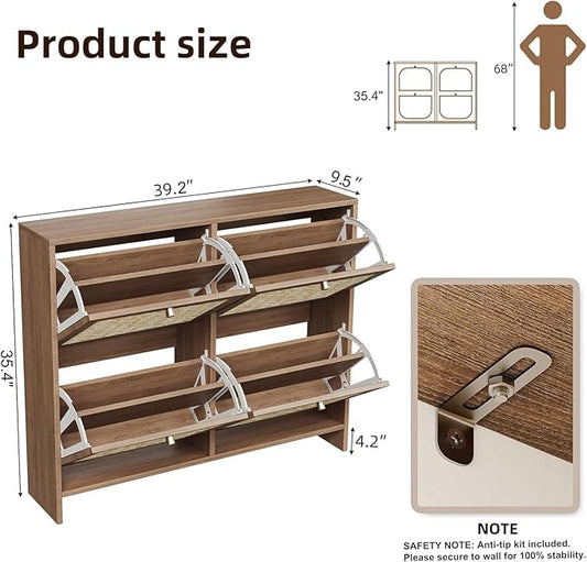 Nicetree Shoe Cabinet Storage for Entryway, 4-Flip Drawer Narrow Shoe Rack, Organic Modern Rattan Shoe Organizer with Gold Legs, Shoe Organizer Fits Men's Size 13.5, Toasted Caramel Walnut