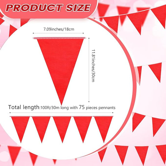 100 Feet Pennant Banners Flags 75 Solid String Triangle Flags for Grand Opening, Carnival Theme Birthday Party Decoration Outdoor Events Classroom Decoration (Red)