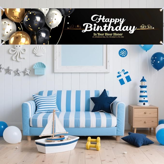 Nuxovilar Happy Birthday Banner Decorations 17.72x78.74 Inch Black Gold Balloon Theme - Polyester for Indoor Outdoor Birthday Party Decor