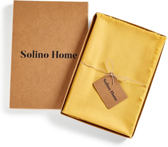 Solino Home Fringe Linen Cloth Napkins Set of 4-100% Pure Linen Marigold Yellow Dinner Napkins 20 x 20 Inch - Handcrafted and Machine Washable