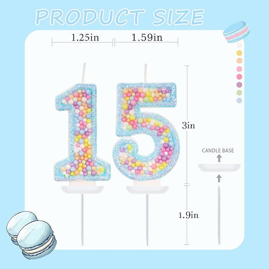 Blue Birthday Candles - Number 15 Candle, Colorful Macaron Candles, 15 Birthday Decorations for Girls Boys, Cake Decorations, Theme Party Supplies (Blue)