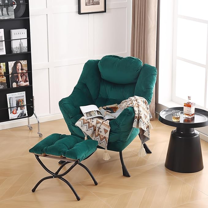 LITA Lazy Chair with Ottoman, Modern Accent Leisure Upholstered Sofa Chair, Contemporary Lounge Reading Chairs with Armrests and a Side Pocket for Living Room, Bedroom & Small Space, Dark Green