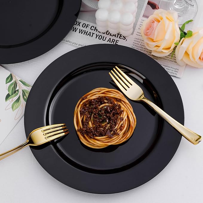 100PCS Black Plastic Plates, Black Disposable Plates for 50 Guests, 50 Dinner Plates 10.25 inch and 50 Dessert Plates 7.5 inch for Party, Graduation, Wedding