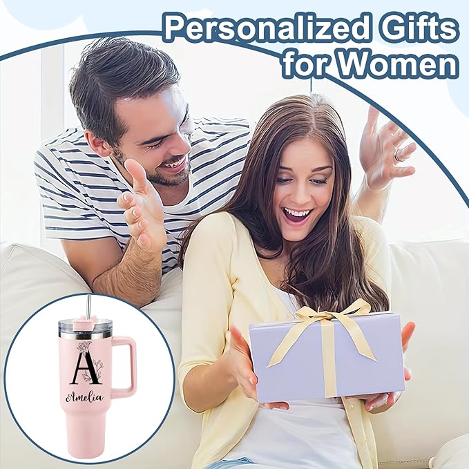 Personalized 40 Oz Tumbler with Handle and Straw, Custom Cup with Name & Birth Flower, Stainless Steel Travel Coffee Tumbler,Personalized Christmas Birthday Gifts for Women, Teen Girls