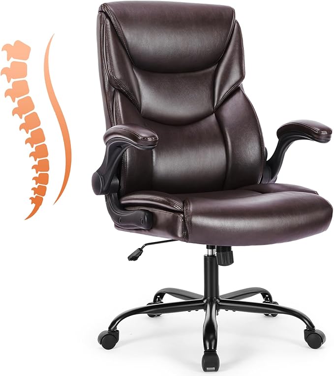 Sweetcrispy Ergonomic Computer Gaming Office Chair Set of 2, Heavy Duty Task Desk Swivel Rolling Chairs with Wheels, Flip-up Arms, Adjustable Height, PU Leather,Dark Brown