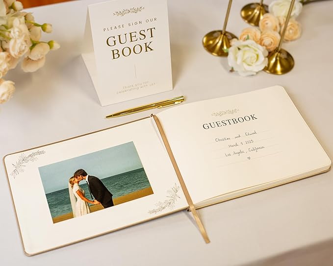 Floral Embossed Wedding Guest Book Set - 9 x 7.5 Hardcover Guestbook for Wedding Reception Sign in, Messages, Bridal Shower Engagement Party (Champagne Gold)