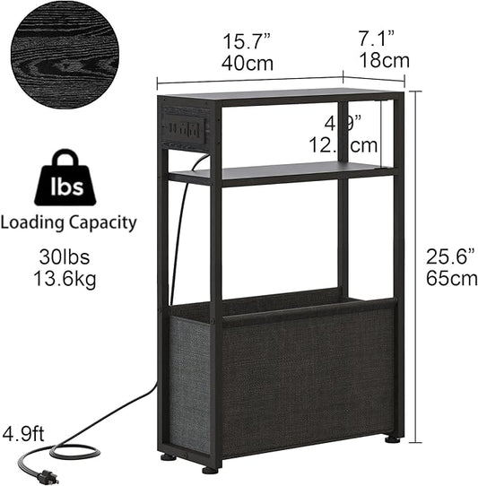 Narrow Side Table with Charging Station, Slim End Tables with Linen Basket, Skinny Table for Small Spaces, Thin Bedside Table for Living Room, Bedroom