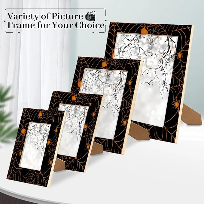 Tavisto Halloween Themed 5x7 Picture Frame Spooky Spider Web Wooden Photo Frames for Tabletop Display Wall Mounting Fits 5x7 Pictures Home Office Decor