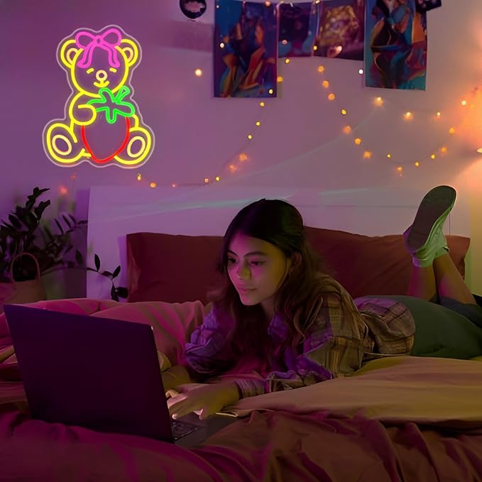 Strawberry Bear Neon Sign Girl Room Decor Led Neon Lights Signs for Wall Decor USB Powered Led for Room Decoration