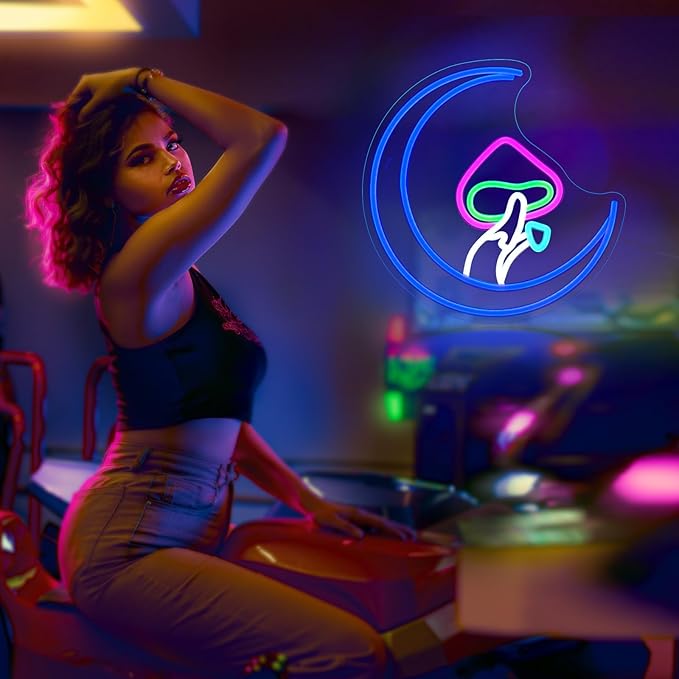 Mushroom Moon Neon Sign, JGHTURIE Cute Led Neon Signs for Wall Decor Blue Light Up Sign Preppy Game Room Living Room Kids Home Bar Signs Party Gift Decor USB Powered