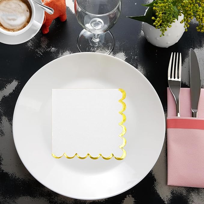 200 Pack White and Gold Paper Napkins Scalloped Cocktail Napkins White Disposable Beverage Napkins for Birthday Baby Shower Wedding Party Supplies Dinnerware Tableware Decorations