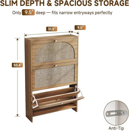 Nicetree Freestanding Ultra Slim Arched Rattan Accent Shoe Storage Cabinet for Entryway - 3 Flip Drawers & 3-Tier Adjustable Shelves, Farmhouse Modern Rustic Shoe Rack for Hallway Foyer,Oak