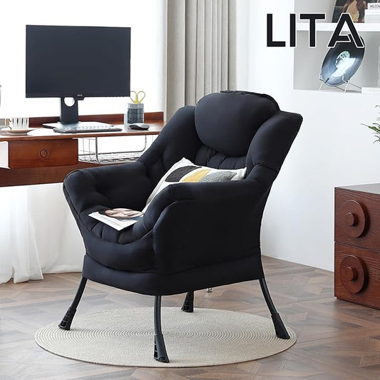 LITA Lazy Chair with Armrests and Side Pocket, Modern Upholstered Accent Reading Chair for Living Room, Bedroom, Dorm, Small Spaces, Single Black