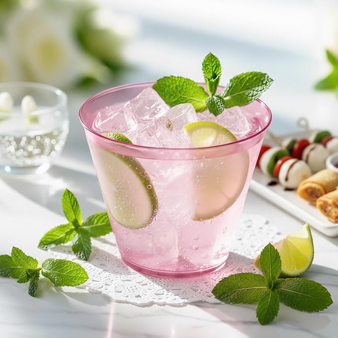 150 Pack Plastic Cups 9 oz Pink Clear Plastic Cups for Cocktail Fancy Disposable Cup for Party Stemless Wine Glasses for Wedding Thanksgiving Christmas Party Graduation
