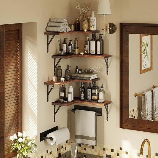 Corner Floating Shelves Wall Mounted Set of 4, Rustic Wood Storage Display Wall Shelves for Home Decor, Bathroom, Kitchen, Bedroom, Living Room, Office (Carbonized Brown)