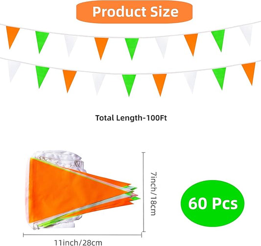 100 Feet 60 Pcs Green White and Orange Pennant Banner Flag String Hanging Triangle DIY Flag, Bunting Streamer Decorations for Grand Opening, Birthday, Wedding Celebration (Green White & Orange)