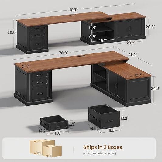 SEDETA Farmhouse L Shaped Desk with Drawers, 70.9" Home Office Desk with Storage Cabinet and Storage Shelves, L Shaped Computer Desk with Power Outlet,Black