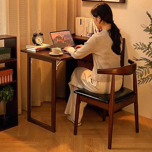 Bamboo Folding Desk with Storage Shelves, Space Saving Mid Century Modern Bookcase with Drop Down Table, Hide Away Desk for Home Bedroom Study Office