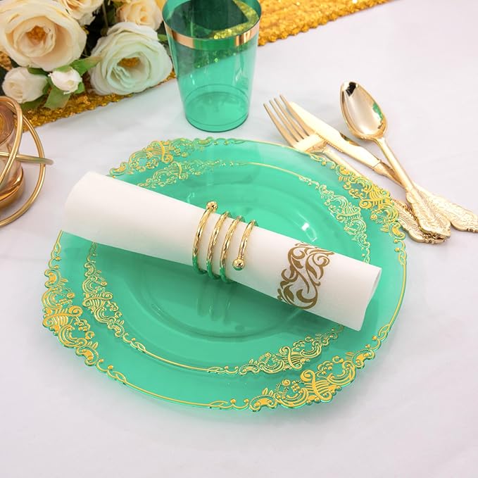 Hioasis 350pcs Clear Green Plastic Plates - Elegant Disposable Dinnerware Set Suitable for 50 Guests Include 10.25" Dinner & 7.5" Dessert Plates, Cutlery, Napkins, Cups for Party & Christmas