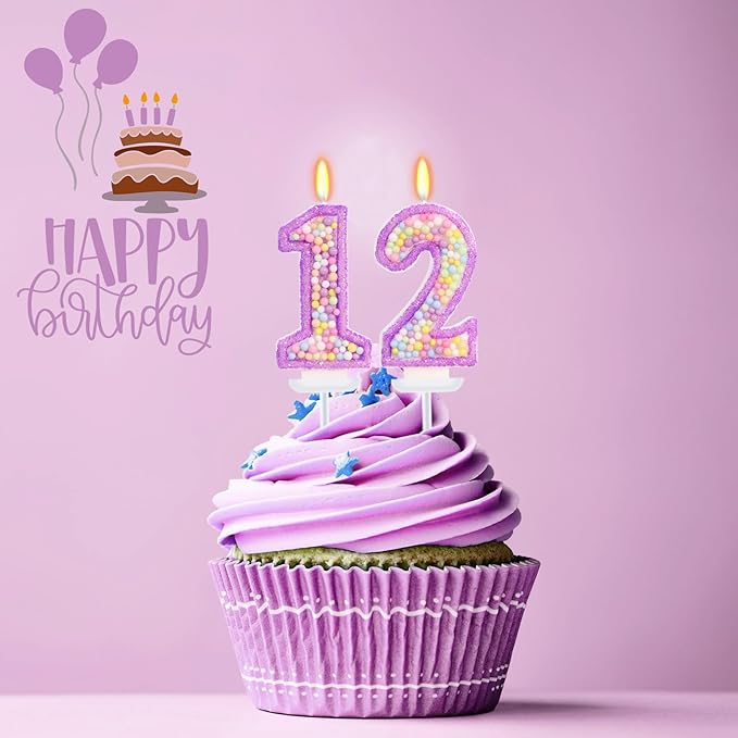 Purple Birthday Candles - Number 12 Candle, Colorful Macaron Candles, 12 Birthday Decorations for Girls, Purple Cake Decorations, Theme Party Supplies