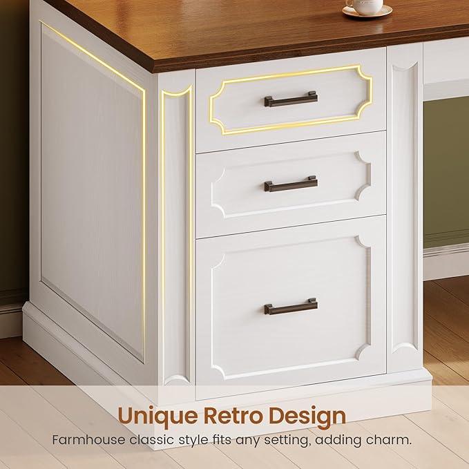 SEDETA 70.9" Executive Desk, Farmhouse Office Desk with Drawers and Storage Cabinet, Power Outlet, Computer Deskfor Home Office, Work Study Writing, White