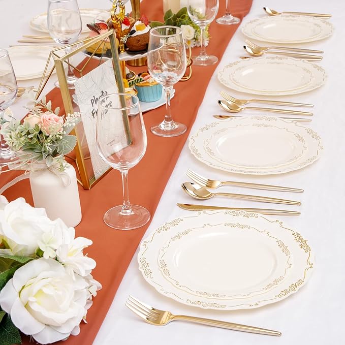 U-QE 100 PCS Ivory Christmas Plastic Plates with Gold Rim - Gold Plastic Plates for Christmas - Heavy Duty Disposable Use Including 50 10 '' & 50 7.5 ''