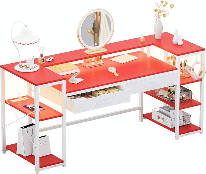 Pamray 58 Inch Computer Desk with Monitor Stand and Shelves Gaming Desk with LED Lights & Power Outlets PC Vanity Table with 2 Drawers for Home Office Red