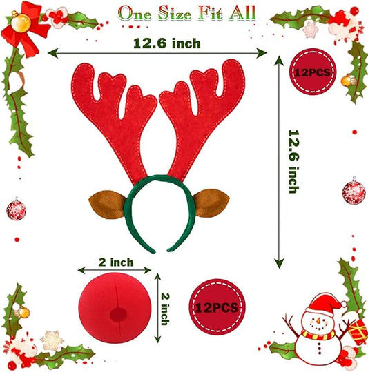 12 Pcs Christmas Reindeer Headbands and 12 Pcs Reindeer Red Nose, 3 Assorted Color Funny Cute Xmas Deer Hairbands with reindeer ears for Christmas Party Favors Family Holiday