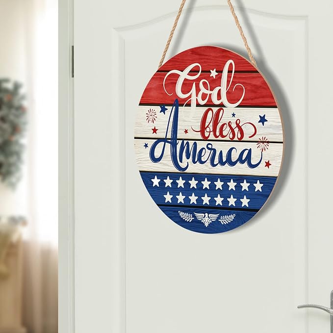 July Fourth Memorial Day Decorations Sign for Front Door Independence Day Patriotic Wreath Welcome Hanging Plaque God Bless America Round Wooden Hanger for Memorial Outdoor Decor 12”x 12”