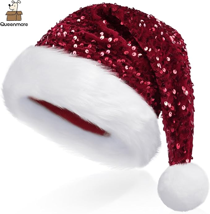 Queenmore Adult's Christmas Santa Claus Hat, Plush Santa Cap, Velvet Headwear, Lined and Fabric-Shedding Resistant