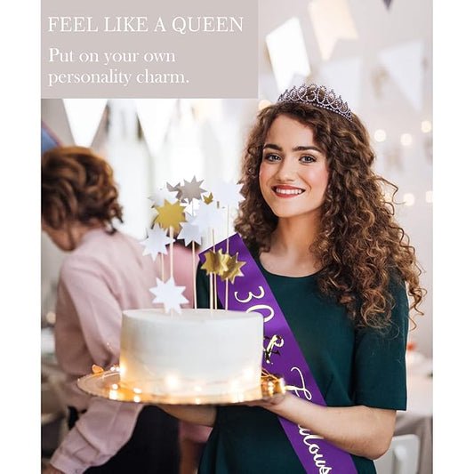 CIEHER 30th Birthday Decorations - Sash, Crown, Tiara, Cake Topper, Photo Booth Props & Party Supplies in Purple