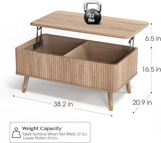 Lift Top Coffee Table with Storage,Natural Wood Center Table for Living Room, Modern Farmhouse Oak Fluted Design,Pop-Up Desk for Work & Dining