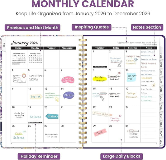 2026 Planner, Weekly and Monthly Planner for Women, Jan 2026 - Dec 2026 Pretty 2026 Calendar Planner with Monthly Tabs, Inner Pocket, Spiral Binding, Perfect for Office Home School - 8.5" x 11", Purple Blocks