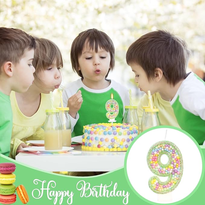 Birthday Candles - Number 9 Candle, Colorful Macaron Candles for Boys/Girls, Green Cake Decorations, Dinosaur Themed Party Supplies