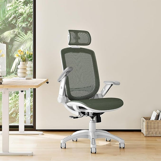 GABRYLLY Ergonomic Office Chair, High Back Home Desk Chair with Headrest, Flip-Up Arms, 90-120° Tilt Lock and Wide Cushion, 300LBS Mesh Chairs for Man Woman, White Task Chair(Olive Green,GY01WOG)