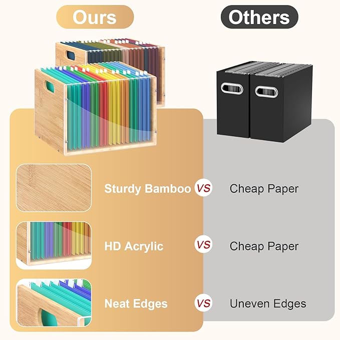 3 Pack Hanging File Organizer, Clear Acrylic File Box Organizer, Bamboo Filing Box File Crate Organizer Storage Boxes, Portable Filing Organizer with Handle for Letter Size