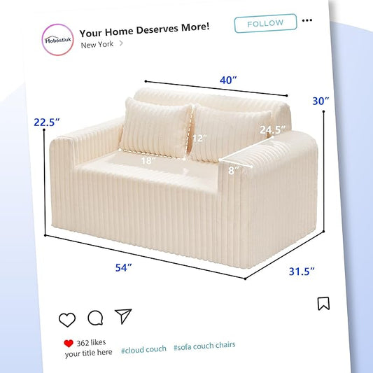 Hobestluk Couch Sofa 2-Seater Foam Sofa Loveseat for Small Spaces Comfy Sofas with Removable Cover Furry Couch with Pillows for Living Room, Bedroom, Apartment, Office (White, Loveseat)
