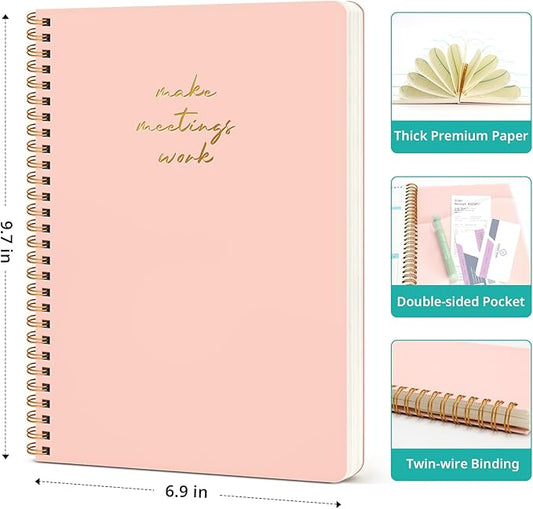 Taja 6 Pack of Meeting Notebook for Work Organization - Work notebook with action items, Meeting Minutes Planner Notebook, Perfect Office Supplies for Men & Women - Pink