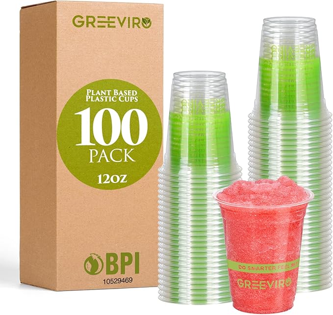 Eco Compostable Plant-Based Clear Plastic Cups 12oz Thick, Reusable, Disposable Iced Coffee Cups for Smoothies, Beer & Any Beverages for Parties, Weddings & Gatherings