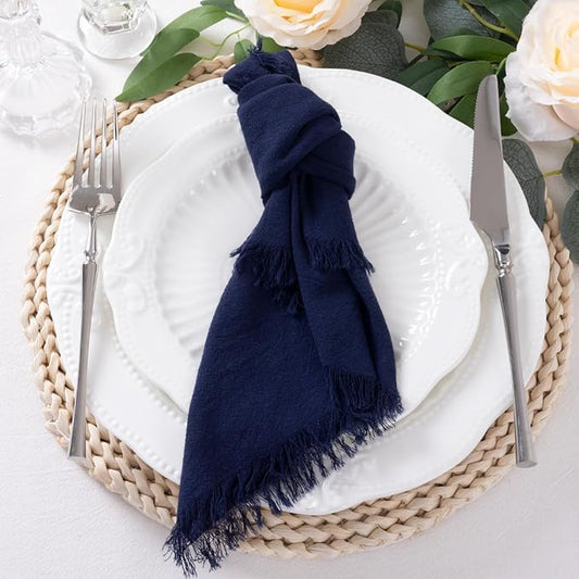 12 Pack Navy Blue Cotton Linen Napkins with Fringe Christmas Cloth Napkins Set of 12 Boho Handmade Holiday Napkins Bulk for Wedding Baby Shower Xmas Dinner Table Parties, 17 x 17 Inches