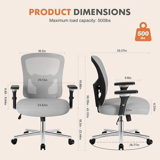 Sweetcrispy Big and Tall Office Desk Chair with Lumbar Support, 500lbs Heavy Duty Mesh Ergonomic Computer Chair with 4D Armrest and Wide Comfy Seat, Wheels for Adult, Grey