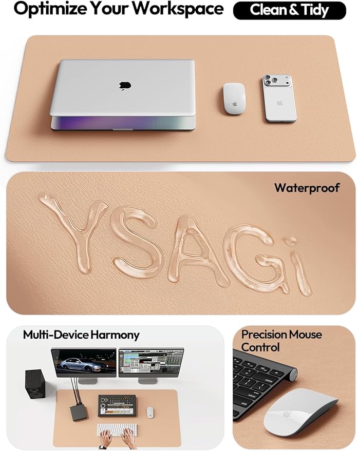 YSAGi Leather Desk Protector, Office Mat, Large Mouse Pad, Non-Slip PU Leather Blotter, Laptop Desk, Waterproof Writing Pad for Office and Home (Latte, 23.6" x 13.8")