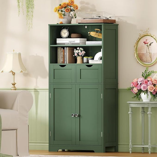 Iwell Bathroom Storage Cabinet with 2 Drawers & Adjustable Shelf, Storage Cabinet with Doors, Kitchen Pantry Storage Cabinets, Cupboard, for Living Room, Dining Room, Entryway, Green