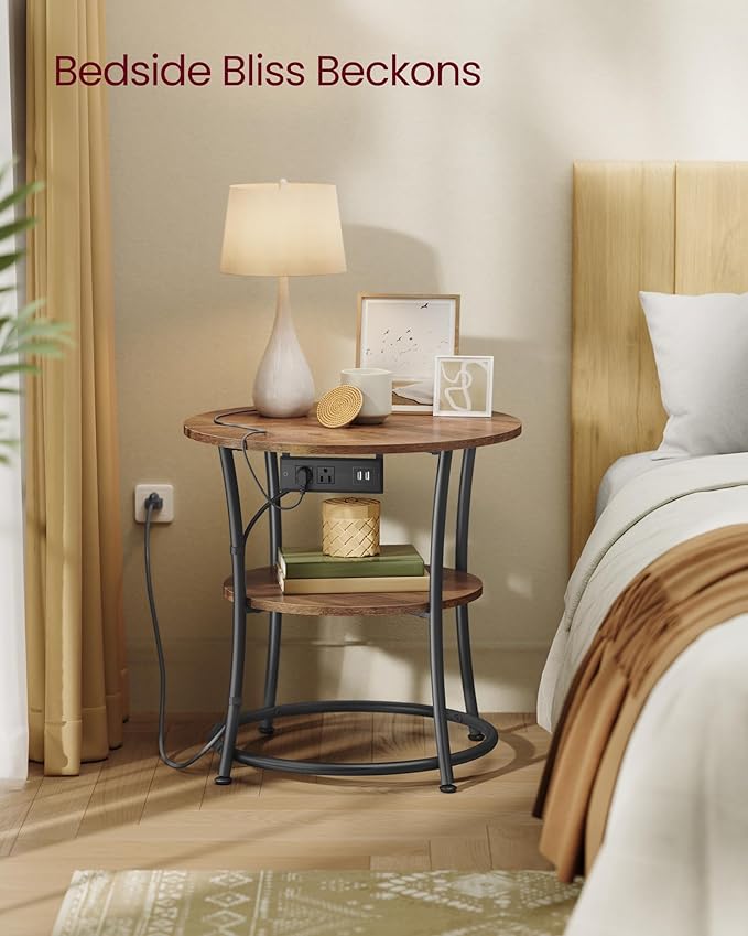 VASAGLE 21.7-Inch Round Side Table, 2-Tier End Table with Power Outlets, Nightstand with Steel Frame, Spacious Top, for Small Spaces, Living Room, Bedroom, Honey Brown and Ink Black ULET077K02