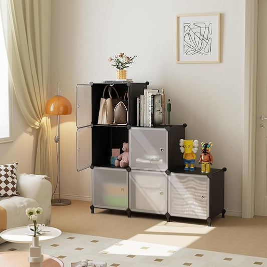 Cube Storage Organizer, 6-Cube Shelves Unit with Doors, DIY Stackable Plastic Clothes Organizer for Bedroom and Under Stairs Storage Unit, Each Compartment 30 x 30 x 30 cm Black ATTSL6001