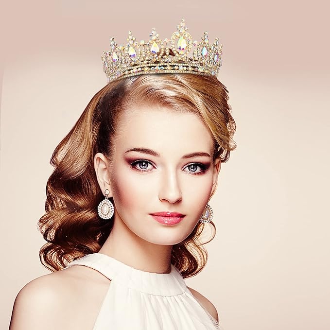 COCIDE Gold Queen Crown for Women Crystal Tiara and Crown for Girl Rhinestones Hair Accessories for Wedding Bride Birthday Party Prom Bridal Bridesmaid (Aurora Borealis + Gold Tiara)