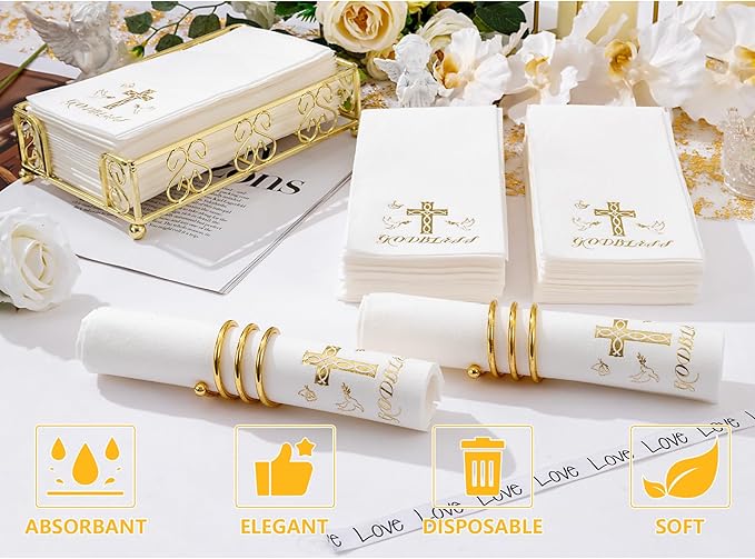 50 Pack Cross Paper Napkins - Baptism Napkins Disposable - Gold Cloth-Like Feel Dinner Paper - Heavy Duty Hand Towels for Religious Party, Confirmation, Christening, First Communion